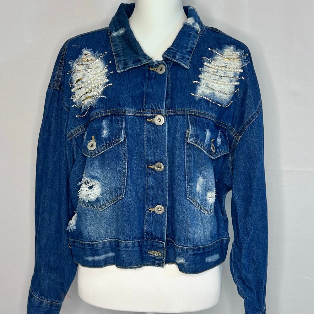 Spoon Jeans Distressed Pearl Embellished NWT Denim Jacket W Large. GlamBoho